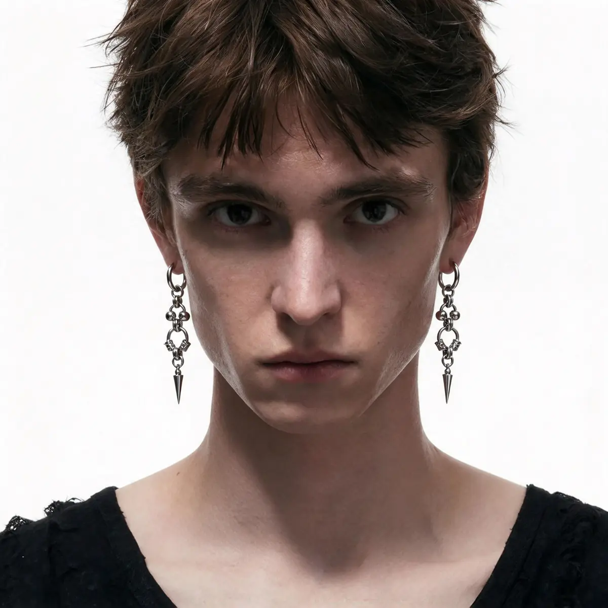 Heavy-Duty Retro Punk Drop Earrings, Wrapped Bead Chain Rivet Cone Design, Industrial Edgy Women's Ear Jewelry - product image