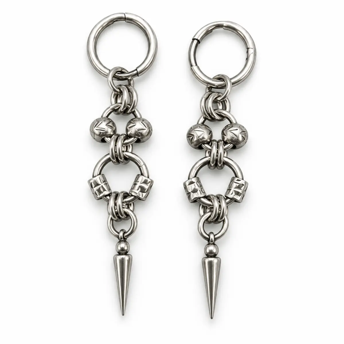 Heavy-Duty Retro Punk Drop Earrings, Wrapped Bead Chain Rivet Cone Design, Industrial Edgy Women's Ear Jewelry - 1_Pair
