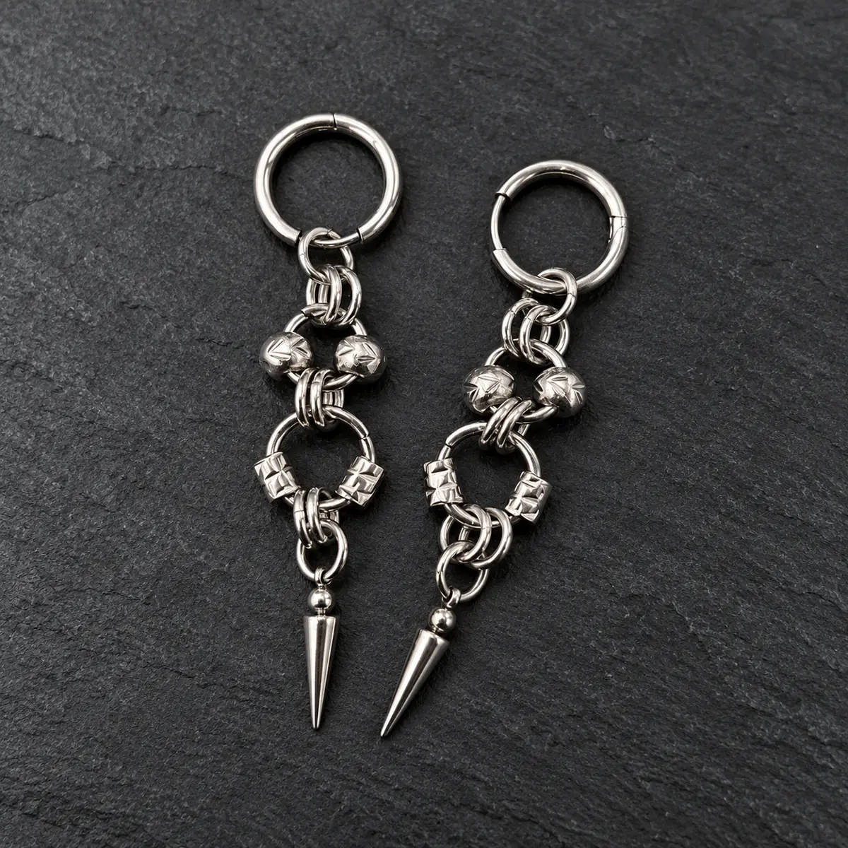 Heavy-Duty Retro Punk Drop Earrings, Wrapped Bead Chain Rivet Cone Design, Industrial Edgy Women's Ear Jewelry - product image