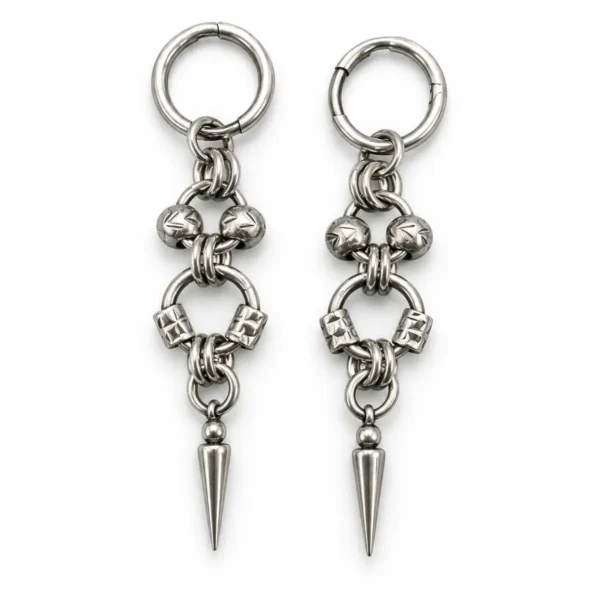 Heavy-Duty Retro Punk Drop Earrings, Wrapped Bead Chain Rivet Cone Design, Industrial Edgy Women’s Ear Jewelry