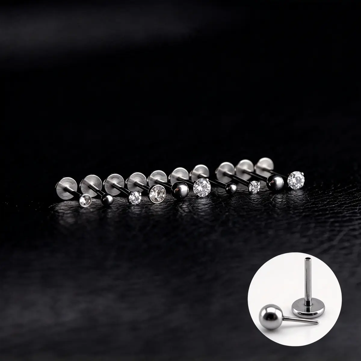 Threadless Push-In Stainless Steel Piercing Studs, Punk Crystal Inlaid, Hypoallergenic Ear Lip Stud European Style Body Jewelry - product image