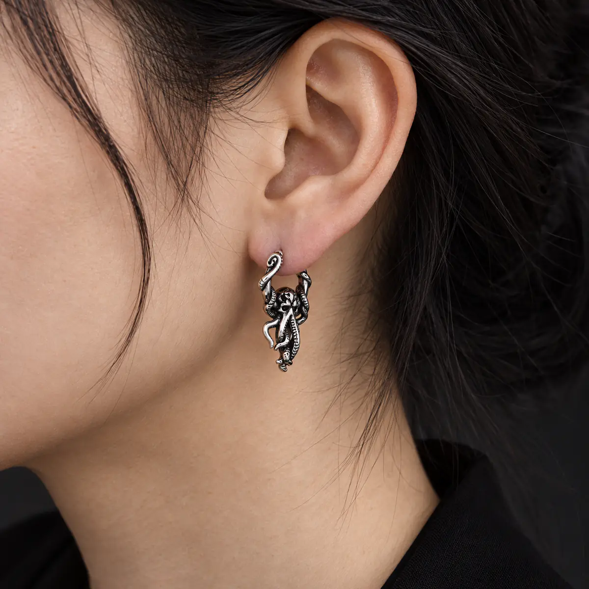 Great Old Ones 3D Cthulhu Tentacle Drop Earrings, Stainless Steel, Dark Gothic Punk Halloween Alternative Ear Jewelry - wearing view