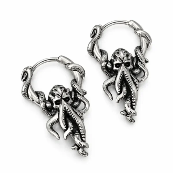 Great Old Ones 3D Cthulhu Tentacle Drop Earrings, Stainless Steel, Dark Gothic Punk Halloween Alternative Ear Jewelry