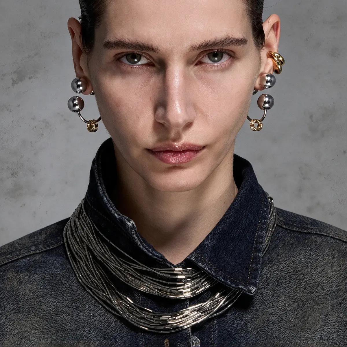 Premium Edgy Punk Earrings for Women, Reconstruct Series Gold & Silver Ball, Trendy Statement Fashion Ear Jewelry - wearing view
