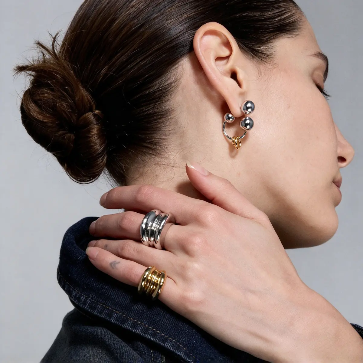 Premium Edgy Punk Earrings for Women, Reconstruct Series Gold & Silver Ball, Trendy Statement Fashion Ear Jewelry - product image