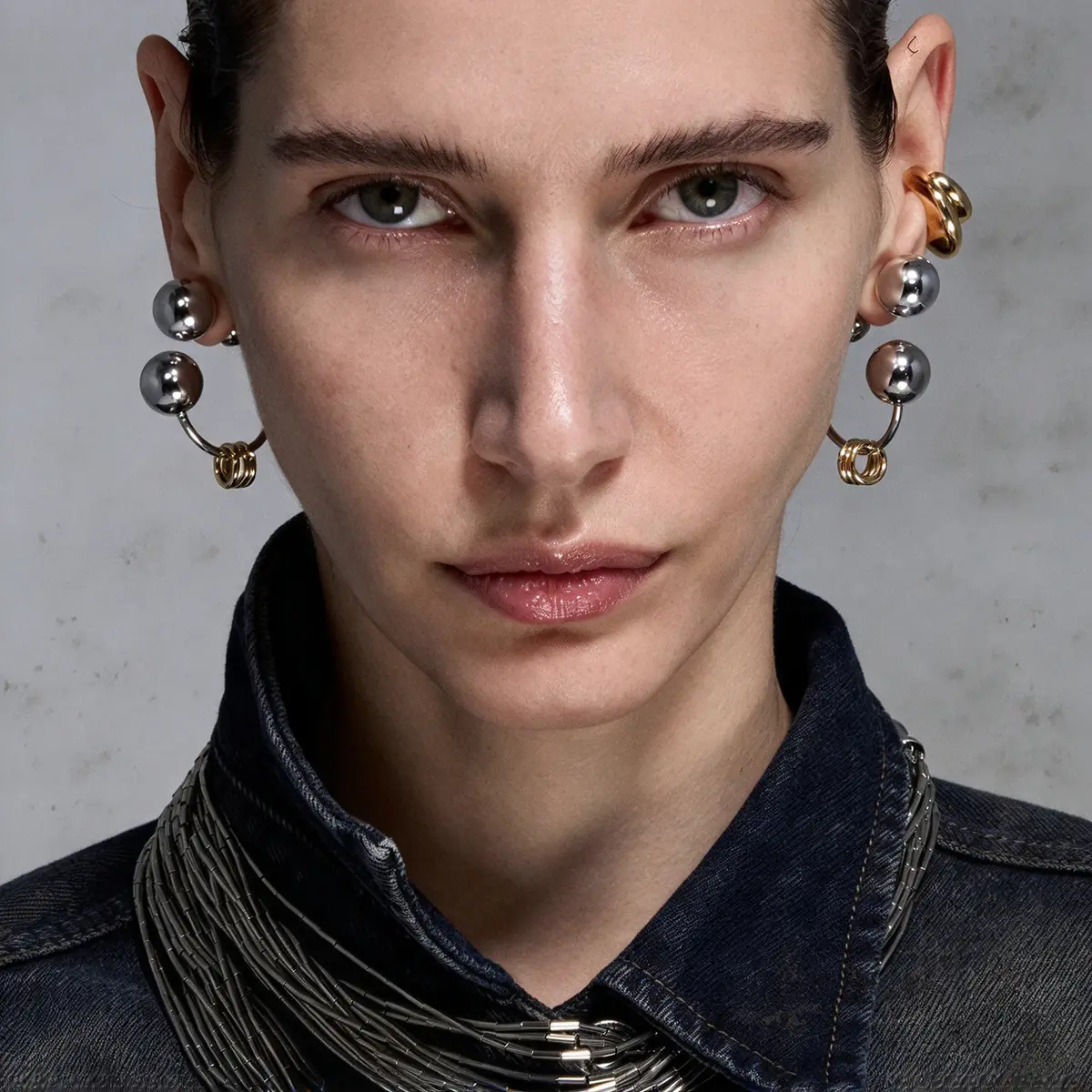 Premium Edgy Punk Earrings for Women, Reconstruct Series Gold & Silver Ball, Trendy Statement Fashion Ear Jewelry - product image