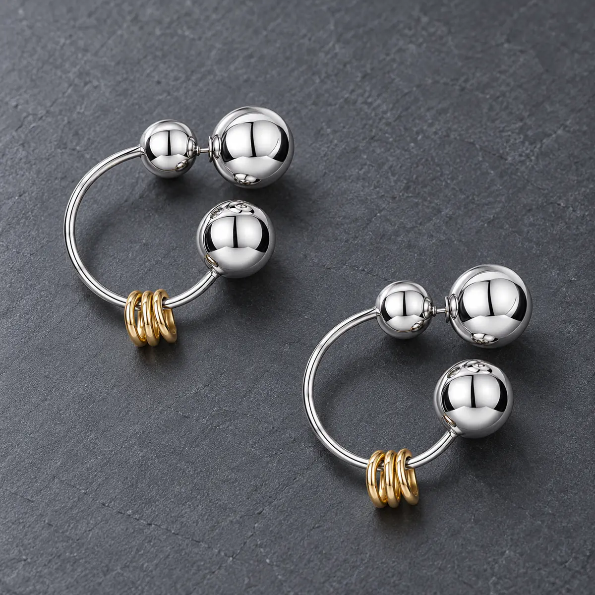 Premium Edgy Punk Earrings for Women, Reconstruct Series Gold & Silver Ball, Trendy Statement Fashion Ear Jewelry - product image